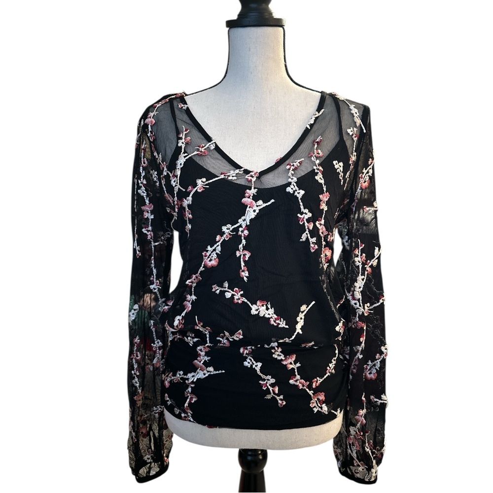 Black Floral Embroidered Sheer Long-Sleeve Blouse